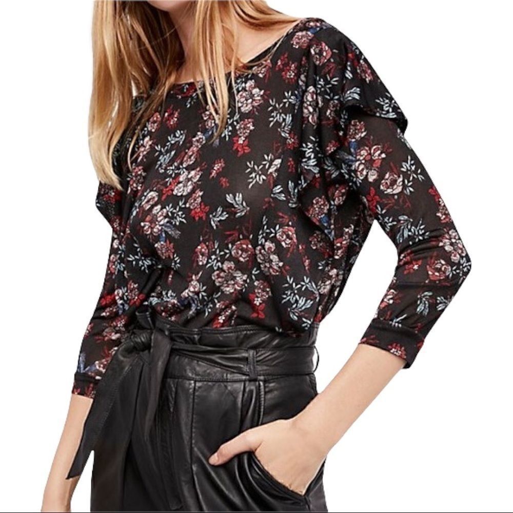Free People Black Dock Street Floral Printed Blouse in the Size Medium